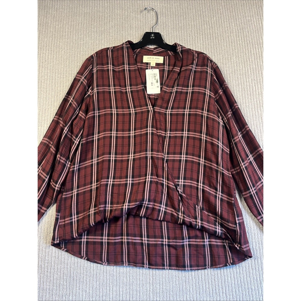 Cloth & Stone Top Women's XL Burgundy Plaid Surplice Wrap Style NWT New